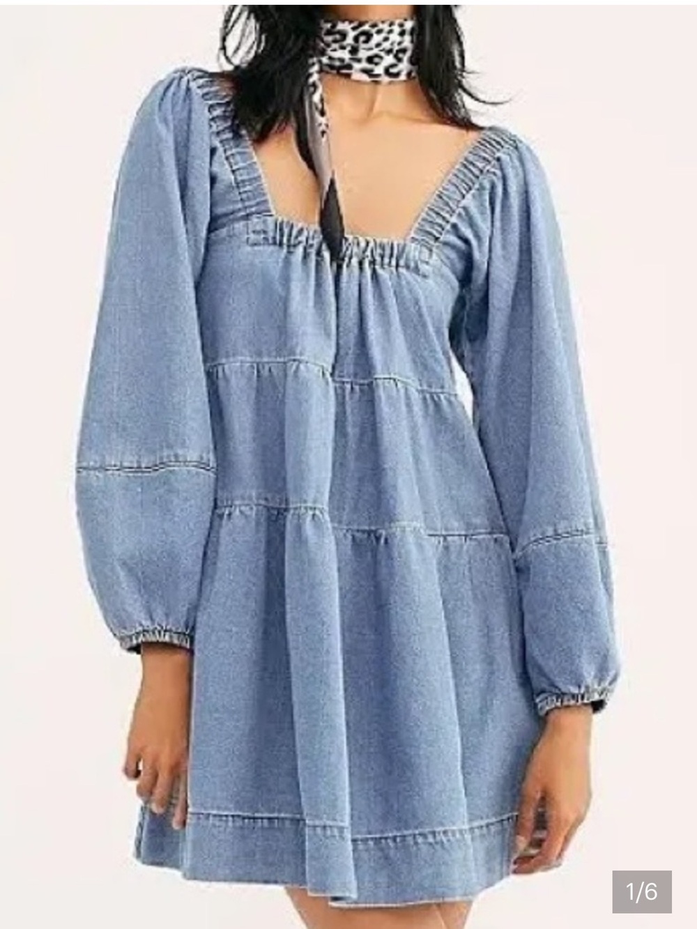 Free People Light Denim Blue Smocked Square-Neck Mini Dress